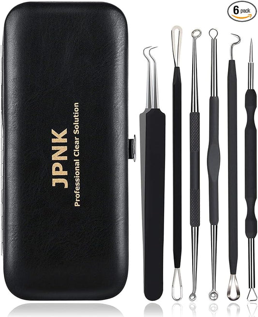 JPNK Blackhead Remover Tool Comedones Extractor Acne Removal Kit for Blemish, Whitehead Popping, 6 Pcs Zit Removing for Nose Face Tools with a Leather Bag (Black)