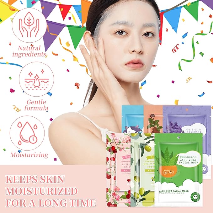 12 Sheets Face Masks Skincare, Moisturize Face Masks Suitable for Sensitive Skin, Hydrate Facial Mask for All Skin Types, Bulk Facial Masks for Women Skin Care, Soothe Face Mask for Spa Party