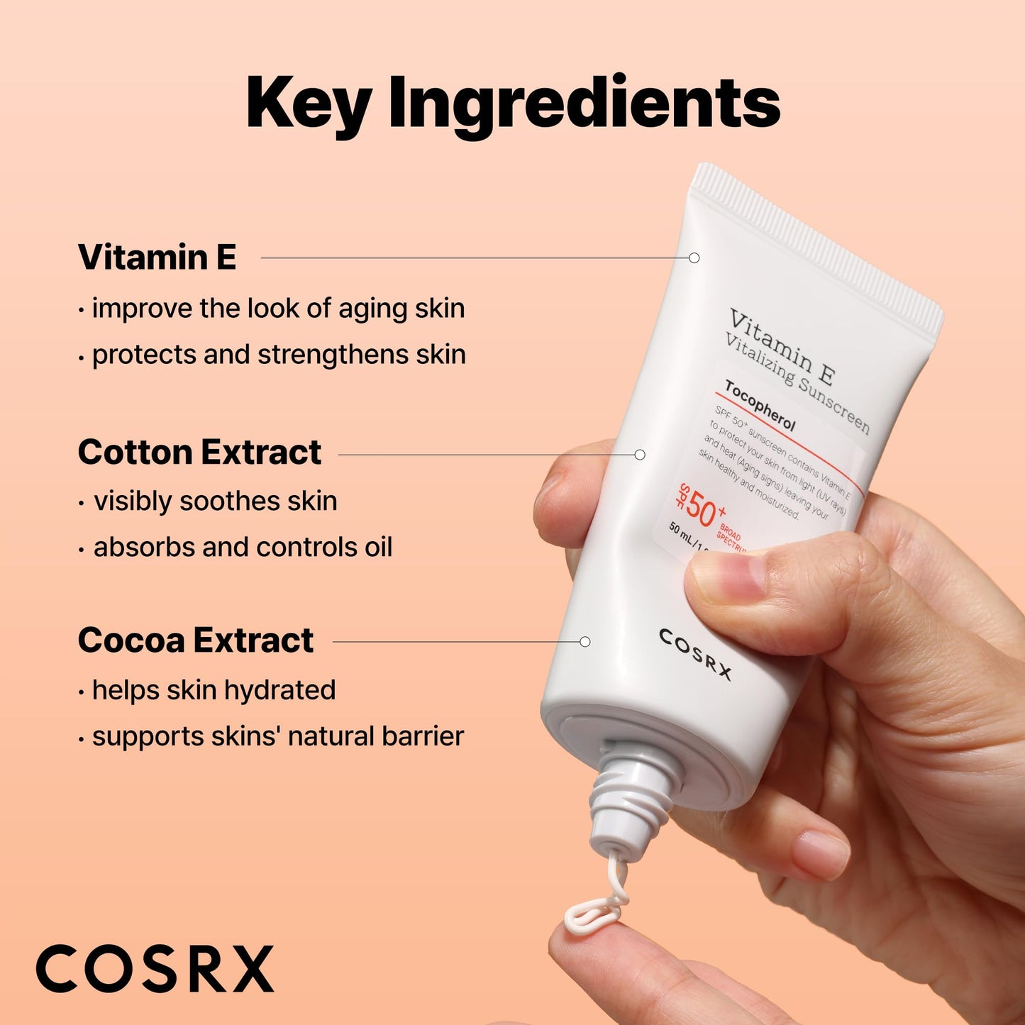 COSRX Vitamin E Vitalizing Face Sunscreen SPF 50, 1.69 fl oz, SPF Moisturizer, Lightweight under Makeup, Travel Essentials, Summer Essentials, Korean Skin Care, Korean Sunscreen for Face