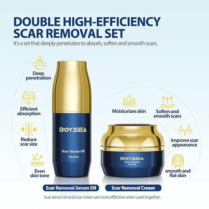 Scar Cream & Serum Oil, Advanced Scar Removal Set, Reduces Appearance of Keloids, C-Sections, Surgeries, Burns, Acne, 2 x 1.06 Oz Bottles