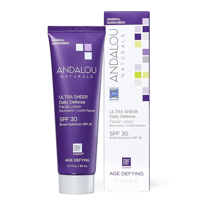 Andalou Naturals Age Defying Face Sunscreen, SPF 30 Zinc Oxide Mineral Sunscreen, Ultra Sheer Daily Defense Face Lotion, Helps Hydrate Skin, Gentle & Lightweight - 2.7 Fl. Oz.