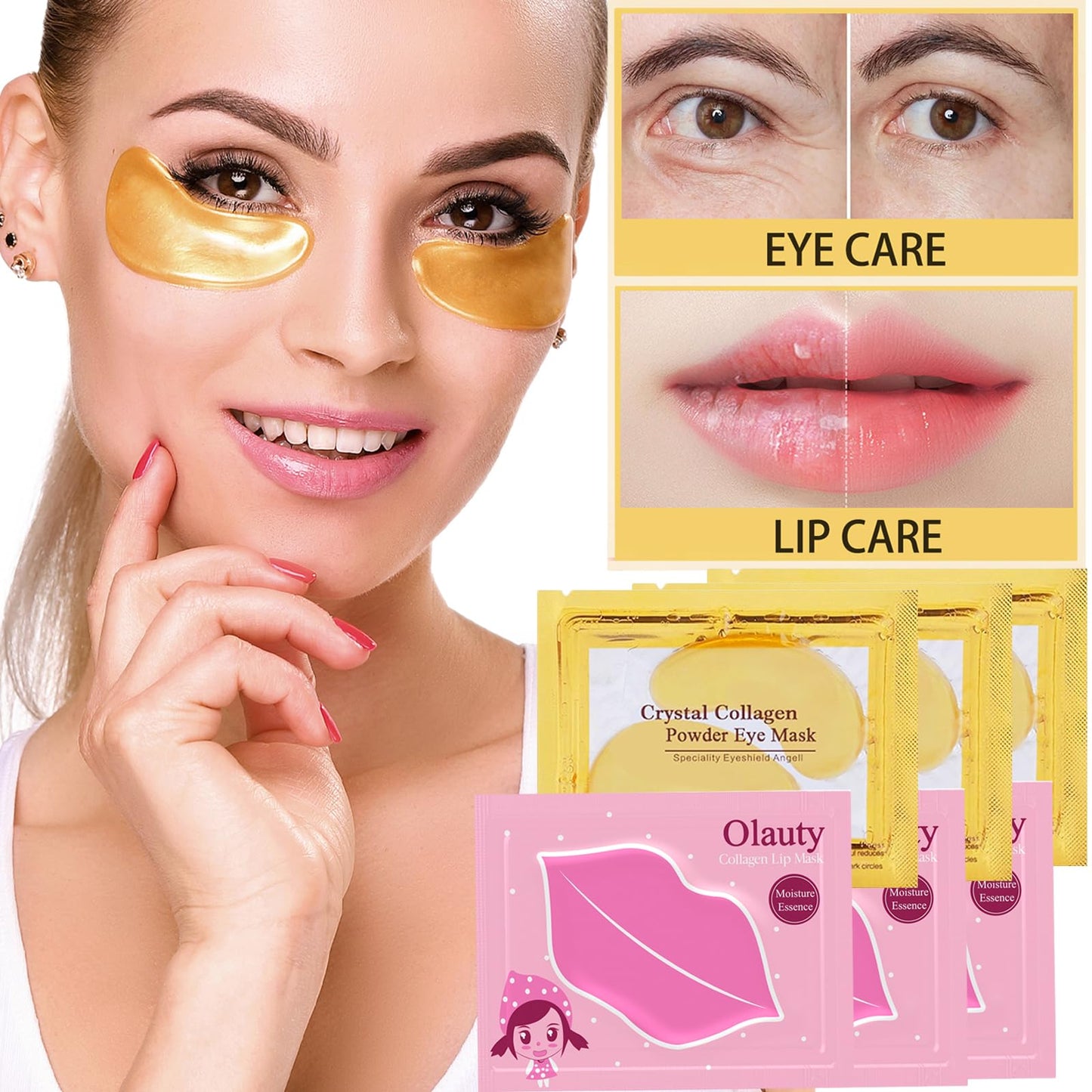30 Pairs Lip Masks & Eye Masks, 24K Gold Gel Under Eye Patches for Puffy Eyes, Collagen Crystal Lip Mask Moisturizing Nourishing Collagen Lip & Eye Mask Set for Women Men