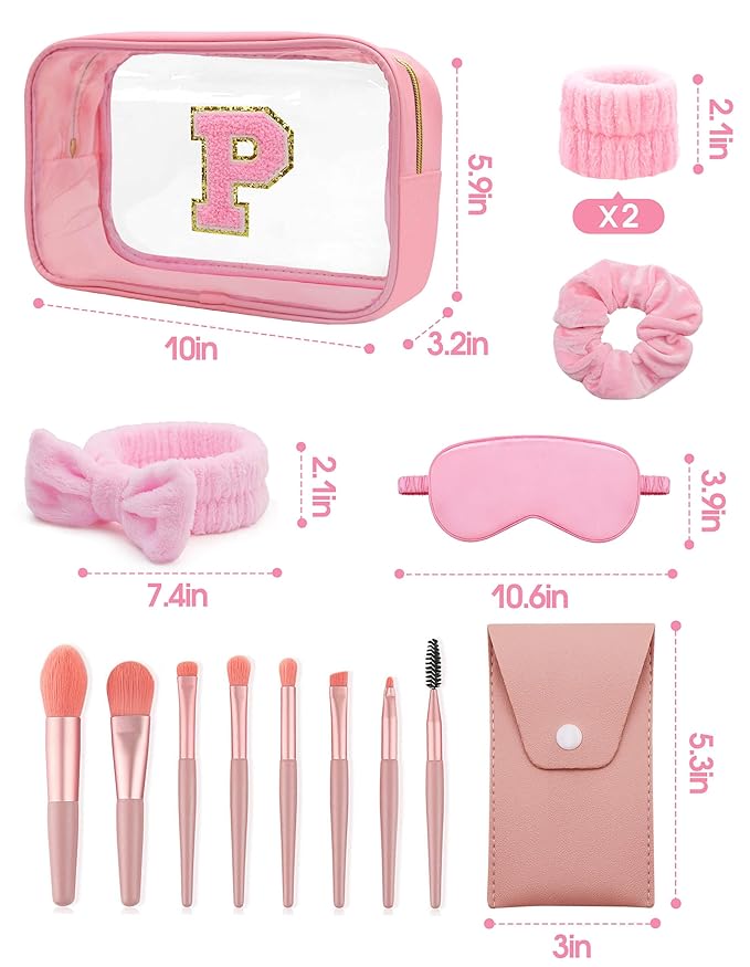 Gift Sets for Women, Initial Makeup Bag with Makeup Brush Set Bachelorette Party Favors, Pink Spa Kit with Skincare Headbands Wrist Bands Sleepover Party Supplies Gifts for Teen Girls Bridesmaid P