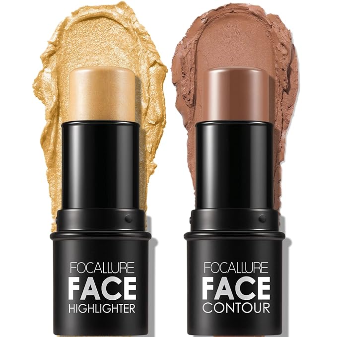 FOCALLURE 2 Pcs Mineral Cream Contour Stick,Moisturize Highlighter Illuminator Makeup,Medium-warm