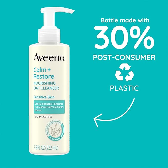 Aveeno Calm + Restore Nourishing Oat Cleanser, Daily Hydrating Facial Cleanser & Face Wash for Sensitive Skin, Non-Foaming, Hypoallergenic, Non-Comedogenic, Fragrance-Free, 7.8 Fl Oz