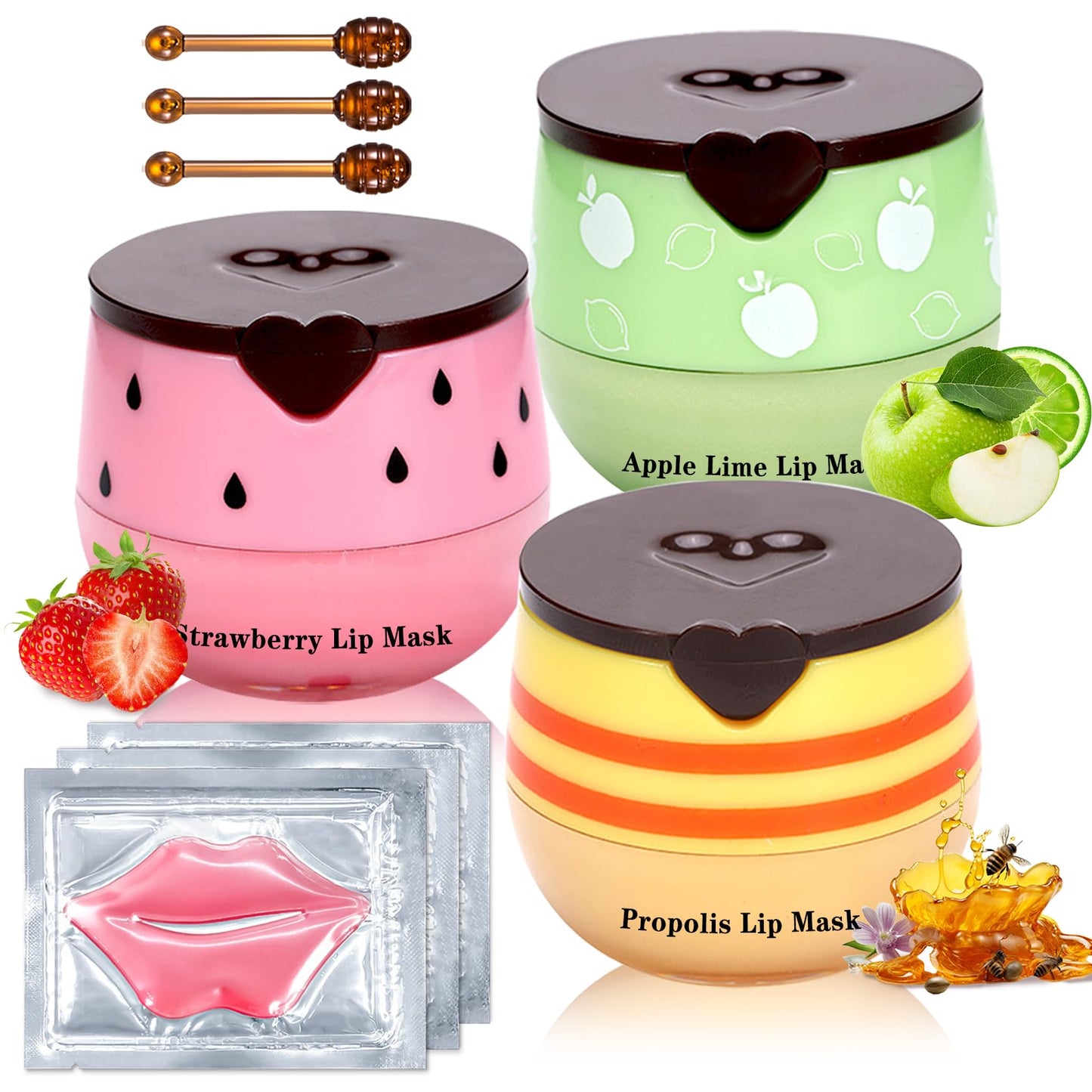 IONSGAKO 3PCS Bee Lip Balm Honey Pot, Honey Strawberry Apple Lime Lip Mask Sleeping Honey Lip Mask Overnight Hydrating Propolis Honey Pot Lip Balm for Cracked & Dry Lips Care with Pink Lip Mask