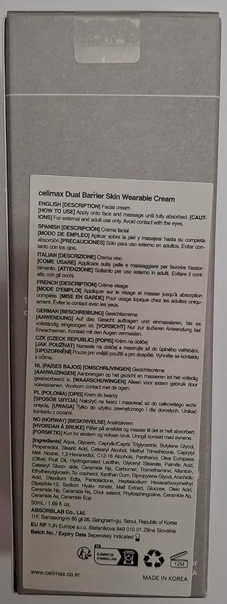 celimax Dual Barrier Skin Wearable Cream | Long Lasting Cream Face Moisturizer with Ceramides, Hyaluronic Acid, Moisturizing, Hydrating, Soothing, Repairing, Day & Night Cream, 50ml