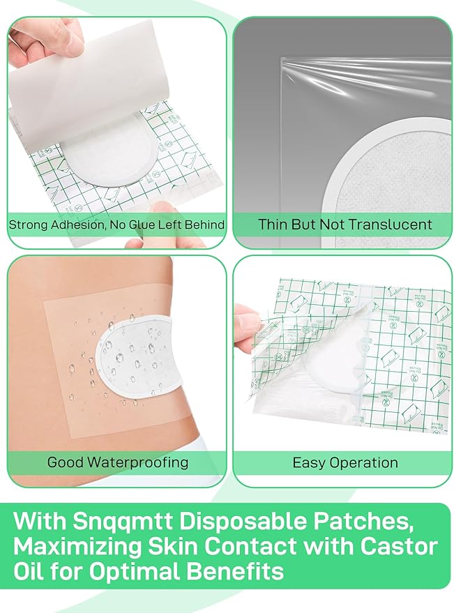 24Pcs Disposable Castor Oil Patches PU Film, Self-Adhesive Castor Oil Pack Wraps with Organic Cotton Pad for Belly Button Waist Stomach Shoulder, Anti Leakage, Water-Resistant, 4.7x5.9 Inch