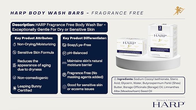 HARP pH-Balanced (5.0-6.0) Body Wash Bar - Exceptionally Gentle For Dry or Sensitive Skin + Shea Butter + Borage Oil | Non-Comedogenic | Soap-Free, Lye-Free. FRAGRANCE FREE (No Masking agents added)