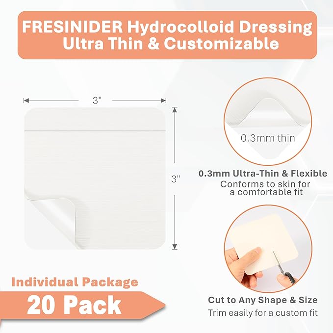 Hydrocolloid Wound Dressing 3" x 3" – 20 Pack Ultra Thin Self-Adhesive Bandages for Wound Care, Bed Sores, Acne, Blisters – Waterproof & Absorbent Hydrocolloid Patches for Faster Healing