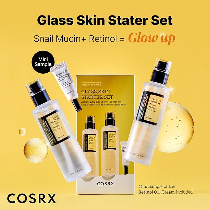 COSRX Glass Skin Starter Set, Amazon Exclusive, Advanced Snail 96% Mucin Power Essence & Retinol 0.1% Cream Mini Sample, Daily Hydrating & Firming Korean Skin Care Kit, Gift Set