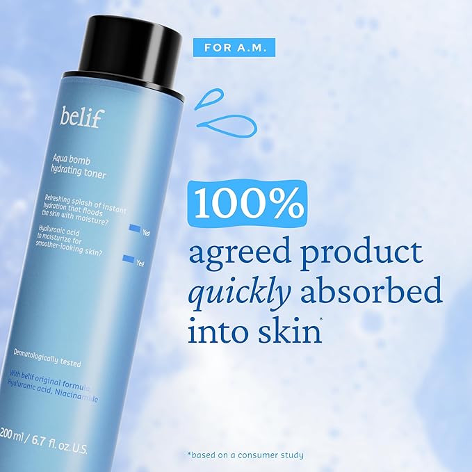 belif Niacinamide Hydrating Toner – Aqua Bomb Lightweight Cooling Toner with Hyaluronic Acid, Soothing and Balancing Formula, Skin Barrier Repair and Radiant Skin, Korean Skincare, 5.07 fl oz