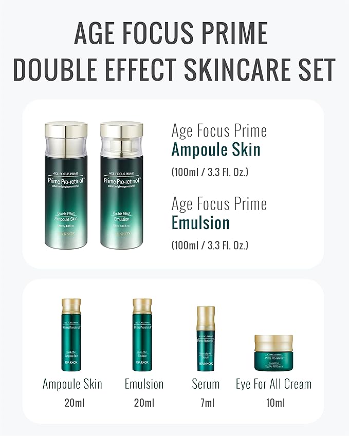 ISA KNOX Age Focus Prime Double Effect Skincare Special Set (8.5 fl oz) - Korean Skincare for Moisturizing, Firming, and Nourishing. with Prime Pro-Retinol™, Phyto DNA, and Phyto Pro-Retinol™.
