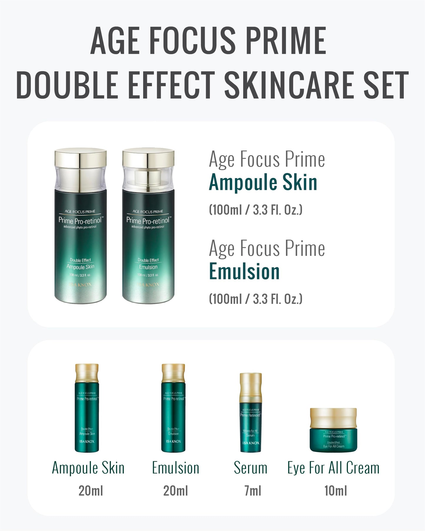 ISA KNOX Age Focus Prime Double Effect Skincare Special Set (8.5 fl oz) - Korean Skincare for Moisturizing, Firming, and Nourishing. with Prime Pro-Retinol™, Phyto DNA, and Phyto Pro-Retinol™.