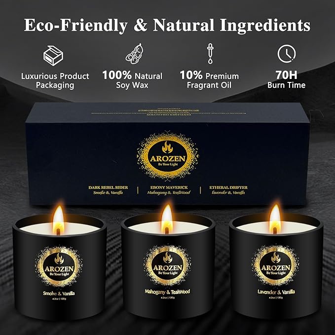 3 Pack Scented Candles Set | Men Candle Gift Set, Aromatherapy Scented Candles for Home, Gifts for Men Dad Fathers Day, Soy Candle of Lavender, Mahogany Teakwood & Smoke Vanilla,70H Burn Time