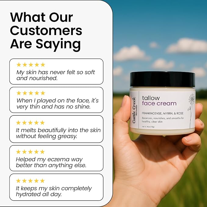 Cattle Creek Tallow Face Moisturizer - Whipped Beef Tallow for Face with Sweet Almond, Myrrh, Frankincense & Rose Oils – Grass-Fed Beef Tallow for Face Care, Hydration & Sensitive Skin (4oz)