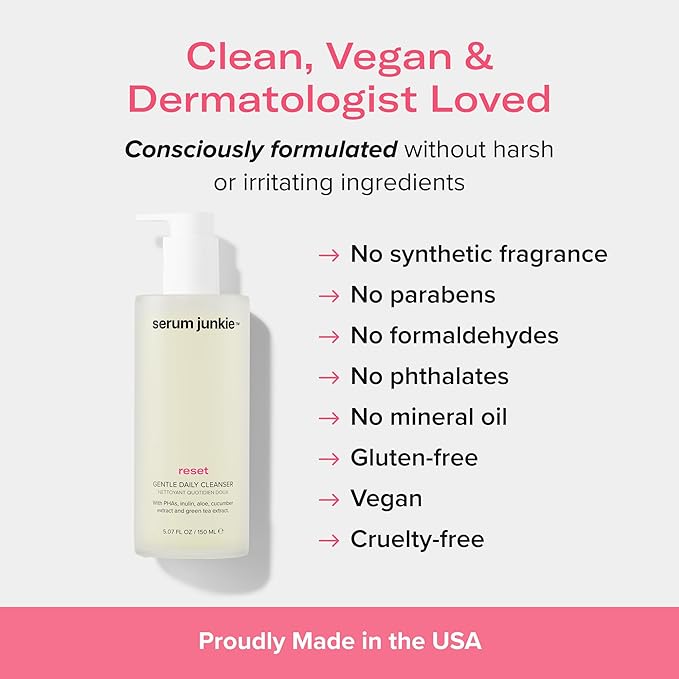 RESET Gentle Daily Cleanser with PHAs, Prebiotics, Glycerin, Cucumber, Green Tea, Rose, Hydrating Exfoliating Face Wash for Sensitive Skin, Non-Stripping, Vegan, 5.07 fl oz