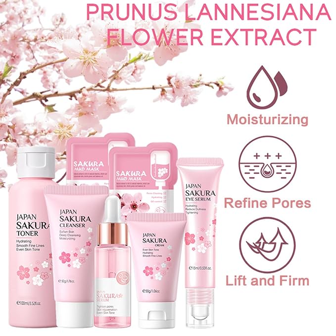 Skin Care Set Sakura Women Beauty Gift Sets Korean Skin Care Kit- Cleanser,Serum,Face Cream,Toner,Eye Cream,Mud Mask-Skin Care Routine Kit (One Size, Cherry Blossom-StyleA-Bae Moisturizing)