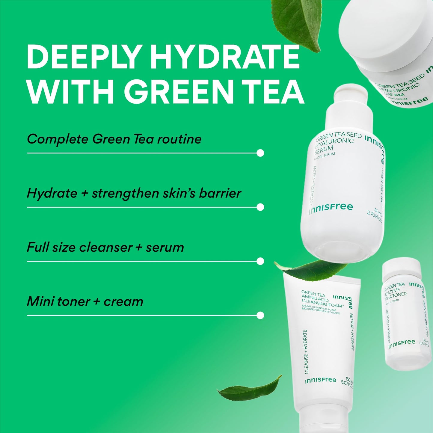 innisfree Hydration Heroes Set with Green Tea, Korean Skincare Kit Featuring Moisturizing Serum, Toner, Cleanser & Cream