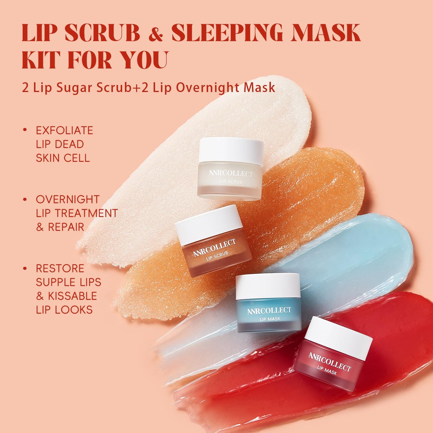 ANRCOLLECT Lip Scrub & Lip Mask - Lip Treatment Care Kit with 2 Lip Exfoliator Scrub & 2 Lip Butter Mask, Intense Hydration Set for Dry Chapped Cracked Lips (4 Pack)