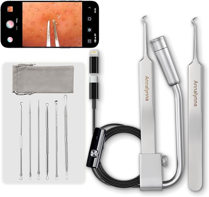 Luma 1 Visual Blackhead Remover Tweezers with Camera - Pimple Popper Tool with Camera 20x Magnification, 1080P, 8 LED Lights, with 2* Alloy Steel Tweezers and Blackhead & Pimple Popper Tool Kit (6ps)
