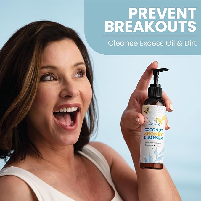 Eva Naturals Coconut & Honey Foaming Face Wash – Gentle Hydrating Facial Cleanser for Sensitive & Aging Skin – Removes Makeup, Dirt & Oil – Soothing Aloe & Royal Jelly – 6 Fl Oz