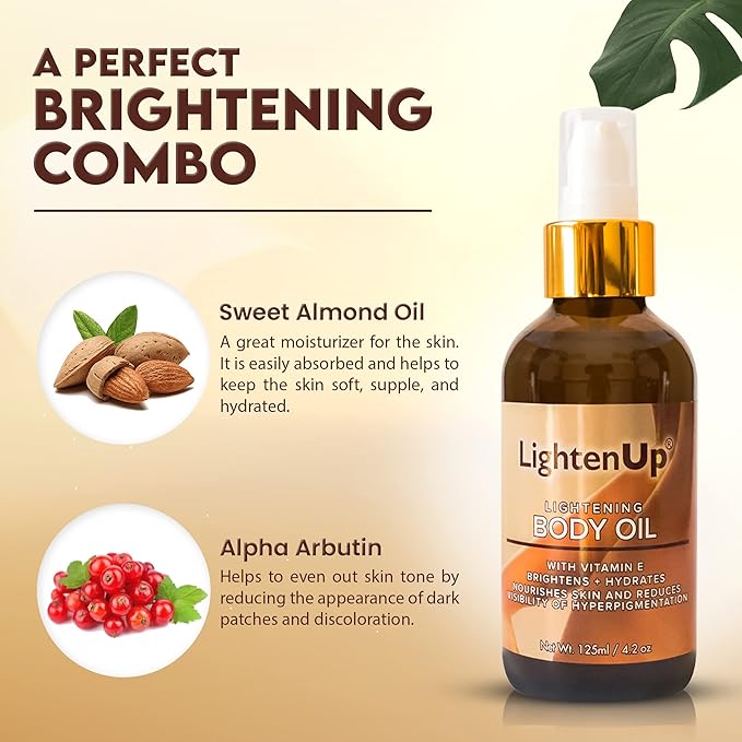 OMIC LightenUp, Skin Brightening Body Oil - 4.2 fl oz / 125 ml - Hyperpigmentation Body Seum, Dark Spot Remover, for Men and Women with Vitamin E, Shea Butter, Almond Oil