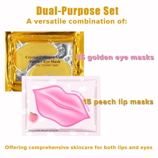 GHFCZOO 30 Pairs Lip & Eye Mask Set - Hydrating Golden Collagen Eye Patches for Dark Circles & Fine Lines, Moisturizing Peach Lip Spa Treatment | Anti-Aging Skincare Combo for Women