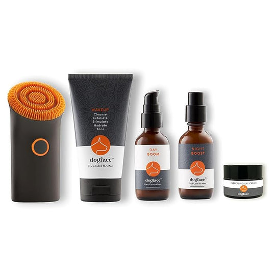 Dogface Men's Skincare Set - Technobrush, Electric Facial Brush, Wakeup Gel Face Wash to Hydrate Skin, Day Boom, Night Boost Retinol Serum, Eye Cream - Free Shower Caddy