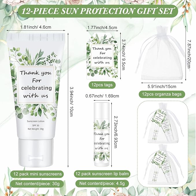 12 Sets Thank You Gifts Mini Sunscreen and Sunscreen Lip Balms Travel Size Thank You Gifts for Weddings Baby Shower Favors Supplies(Wedding Eucalyptus)