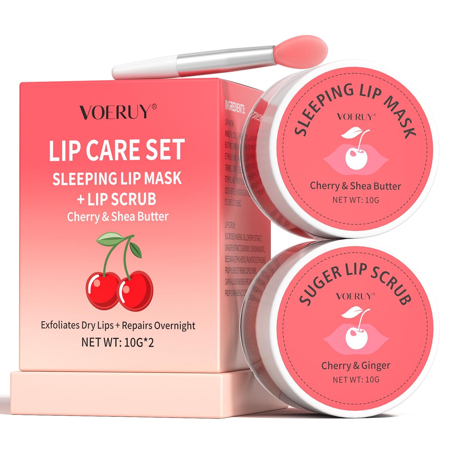 Lip Scrub & Lip Mask Set, Cherry Lip Exfoliator Scrub, Christmas Gifts Stocking Stuffers Gift for Women, Overnight Suger Lip Treatment, Repair Dry Cracked Lips - with Lip Brush (10g*2)