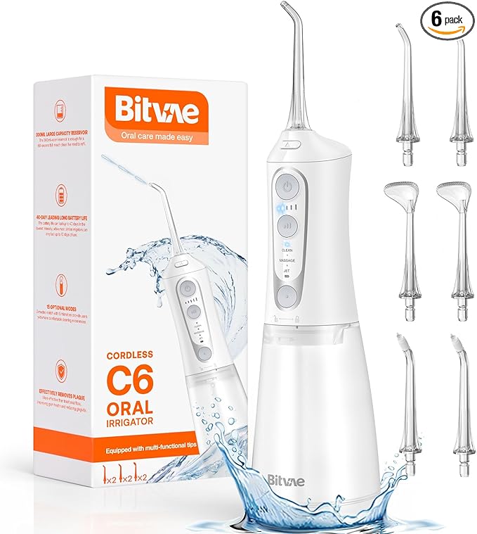 Bitvae C6 Water Dental Flosser for Teeth, Rechargeable Cordless Water Flosser, IPX7 Waterproof Braces Flossers Cleaner, 3 Modes 5 intensities, Advanced Water Dental Picks for Cleaning, White