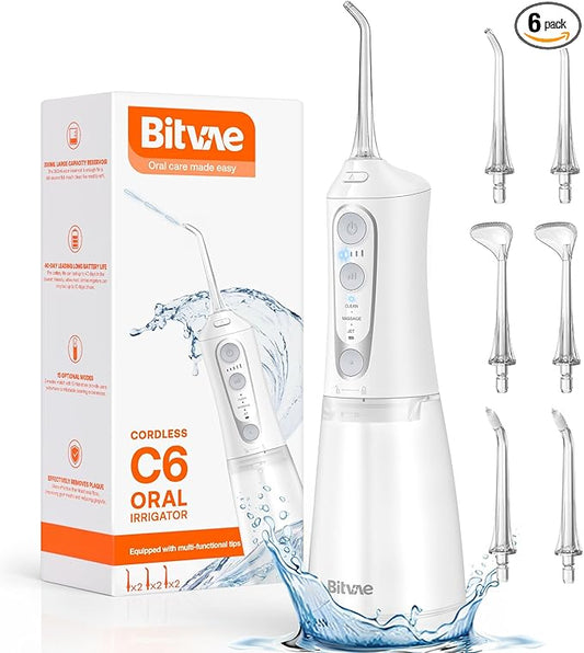 Bitvae C6 Water Dental Flosser for Teeth, Rechargeable Cordless Water Flosser, IPX7 Waterproof Braces Flossers Cleaner, 3 Modes 5 intensities, Advanced Water Dental Picks for Cleaning, White