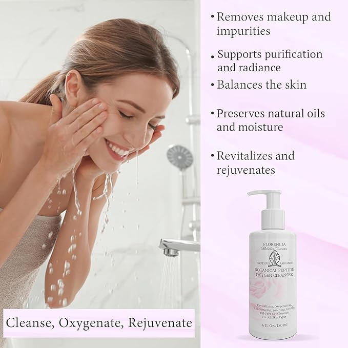 Florencia Botanical Peptide Oxygen Cleanser - Oil-Free Daily Foaming Gel Face Wash for Dry, Oily, or Sensitive Skin - With Peptides, Botanicals, Glycoproteins - Revitalizing Cleanser, 6 oz