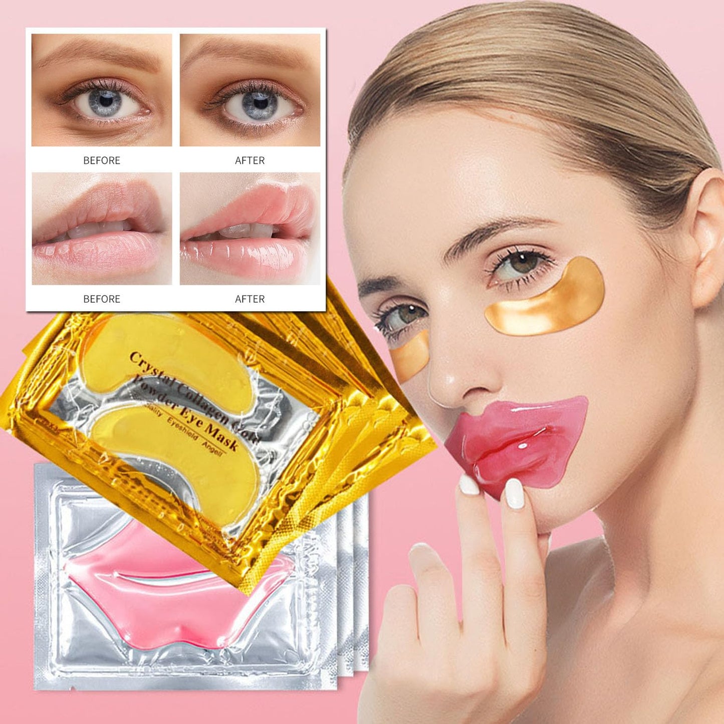 Blopuivo 32 Pairs Lip Masks with Eye Mask, 24K Collagen Under Eye Patches for Dark Circles and Puffy Eyes, Reduce Lip Wrinkles, Anti Chapped & Remove Lip Dead Skin, Nourishes the Lip & Eye Skin (32)