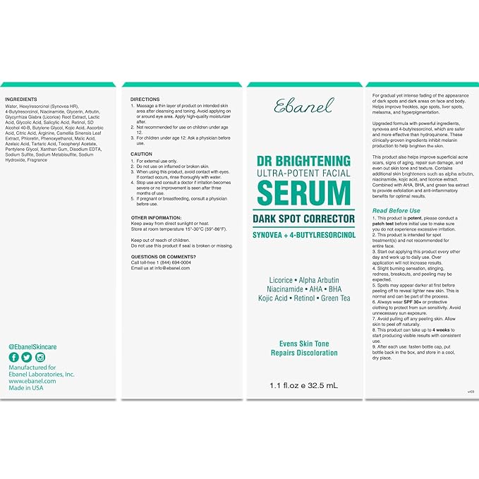 Ebanel Dark Spot Remover for Face Peel Skin Brightening Serum, Targets Melasma Hyperpigmentation Discoloration, Sun Spot Age Spots Remover, with Synovea HR, 4-Butylresorcinol, Niacinamide, Kojic Acid