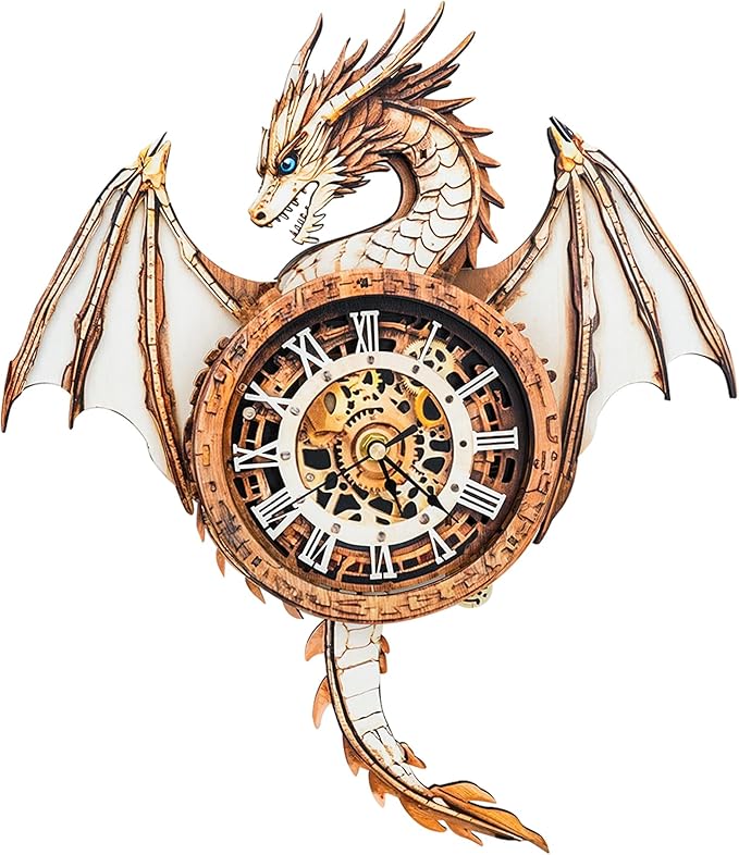 Kosmickiss 3D Wooden Puzzles Model Kits Dragon Clock for Adults, 3D Building Models DIY Crafts for Women Men, Wall Clock Puzzle Birthday Gift for Adults Home Decor