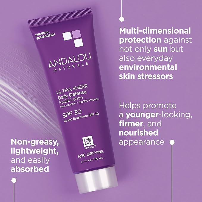 Andalou Naturals Age Defying Ultra Sheer Daily Defense Mineral Sunscreen SPF 30 | Face Lotion with Zinc Oxide | Lightweight Anti-Aging Sun Protection | 2.7 fl oz