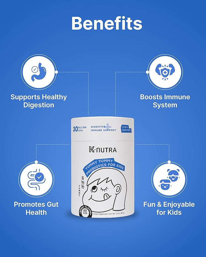 K-Nutra Yummy Tummy Probiotics for Kids | 2.12oz (30 Sticks) | 3-in-1 Prebiotic & Probiotic Powder | 30 Billion CFUs | Clinically Tested | Supports Digestive & Immune Health | for Ages 3+