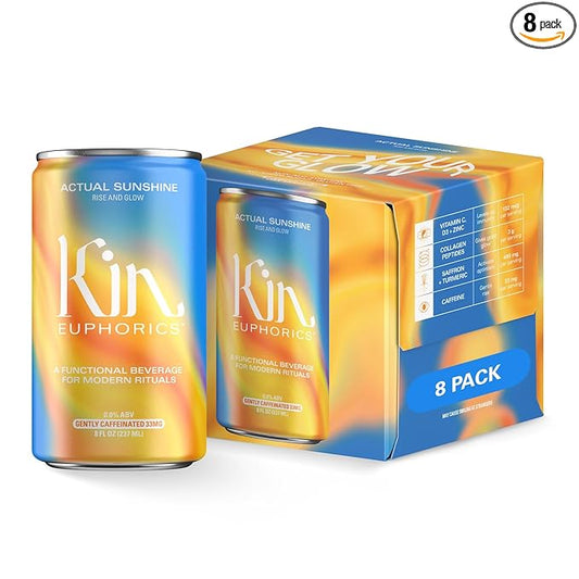 Kin Euphorics Actual Sunshine Non-Alcoholic Functional Beverage | Rise and Glow from Within | Immunity + Beauty Booster | Adaptogens, Nootropics, Collagen | 8 FL Oz, 8PK