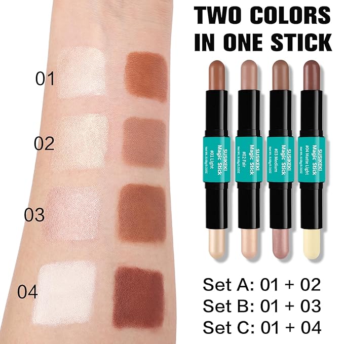 Contour Stick, 2Pcs Dual-Ended Highlighter Makeup Pen & + 02#)