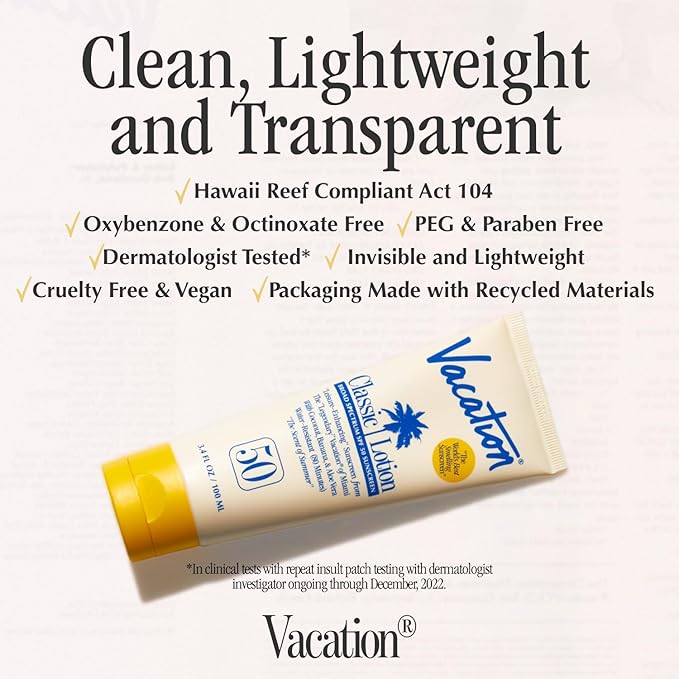 Vacation Classic Sunscreen Lotion SPF 50, Water-Resistant, Lightweight, Transparent on All Skin Tones, Dermatologist-Tested, Vegan, Travel Size, 3.4 Fl. Oz. (Value Pack of 3)