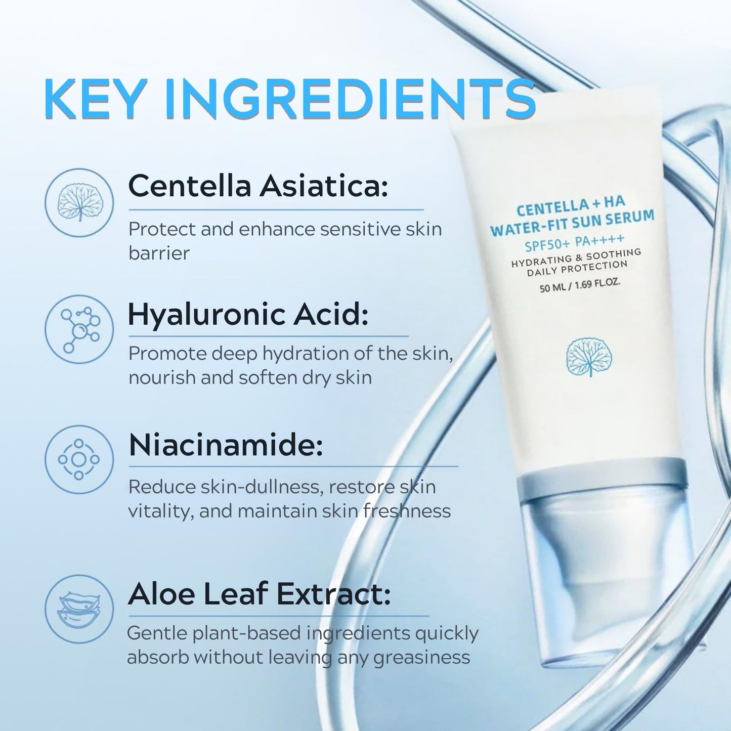 ISHERBIN 𝐶𝑒𝑛𝑡𝑒𝑙𝑙á Sunscreen SPF 50, Hyalu Cica Water-Fit Sun Serum, Face Sun Screen Long-Lasting Protection, Cen-tella Madagascar Sunscreen, NO White Cast - Dry Oily Korean Skincare (Blue 1)