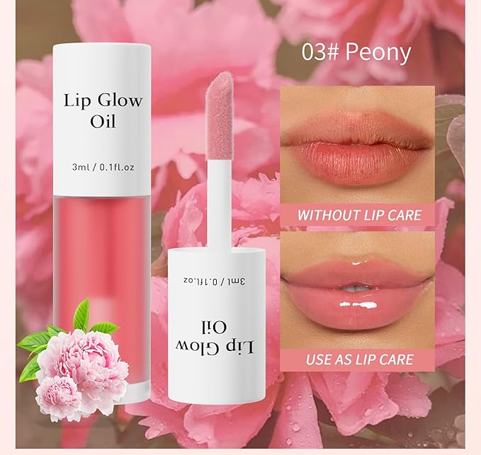 Plumping Lip Oil, Long Lasting Hydrating Lip Stain Lip Balm Revitalizing, Transparent and Tinting Lip Care Oil for Dry Lip (Peony)