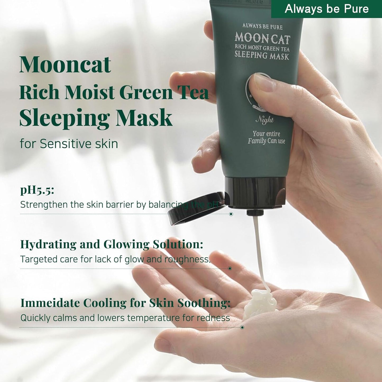 ALWAYS BE PURE Green Tea Sleeping Mask 75ml – Rich Moisture Night Mask, Hypoallergenic, Calms Redness, Deep Hydration for Sensitive Skin, Non-Sticky Korean Skincare