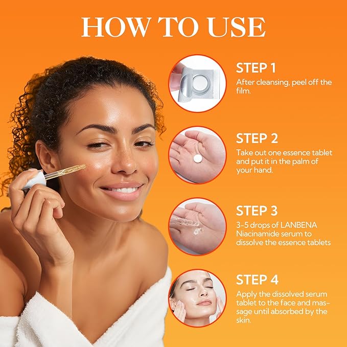 LANBENA Non-Oxidizing Vitamin C Serum 10%: Niacinamide Serum + Freeze-Dried Tablets, Brightening Anti-Aging Essence for Sensitive Skin, Non-Greasy, Reduces Dark Spots & Wrinkles (30 Tabs/1.05 Oz)