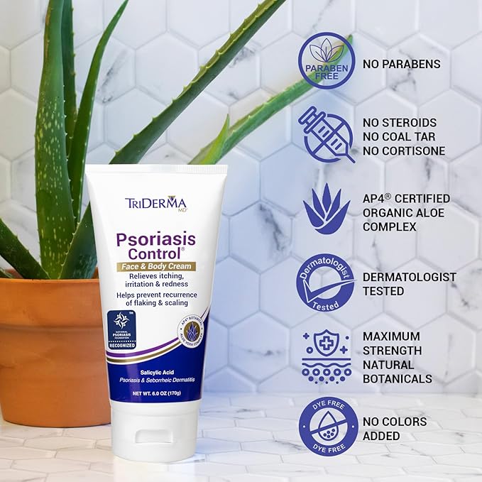 TriDerma Psoriasis Control Face & Body Cream - Maximum Strength 3% Salicylic Acid, AP4 Aloe Vera Gel, Urea Cream - Extra Moisturizing Treatment, No Cortisone or Coal Tar - FSA Eligible - 6 Oz
