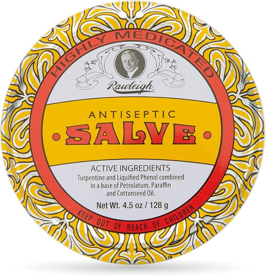 Rawleigh Antiseptic Salve Iconic Yellow Big Tin: 4.5 oz, Natural, Multi-Purpose Ointment Soothes Skin Cuts, Bruises, Irritations, with Turpentine, Phenol, Cottonseed Oil, Original Formula - Pack of 1