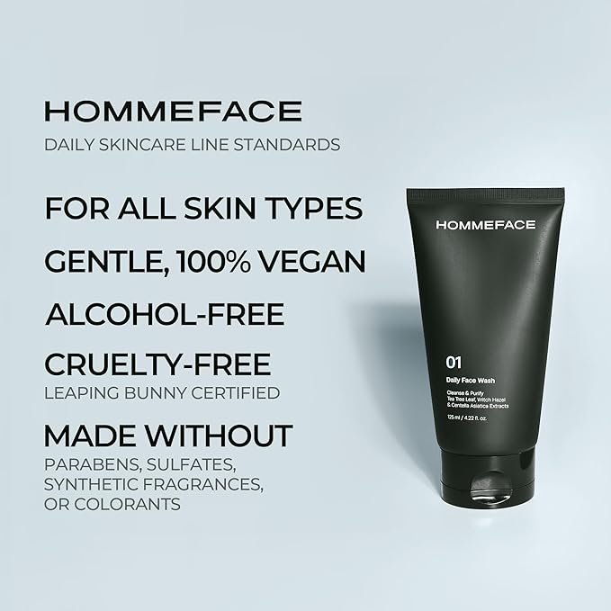 HommeFace Daily Face Wash for Men, 4.22 Fl. Oz. Gentle Facial Cleanser for Deep Cleansing & Purifying with Collagen, Witch Hazel & Cica Extracts, Vegan