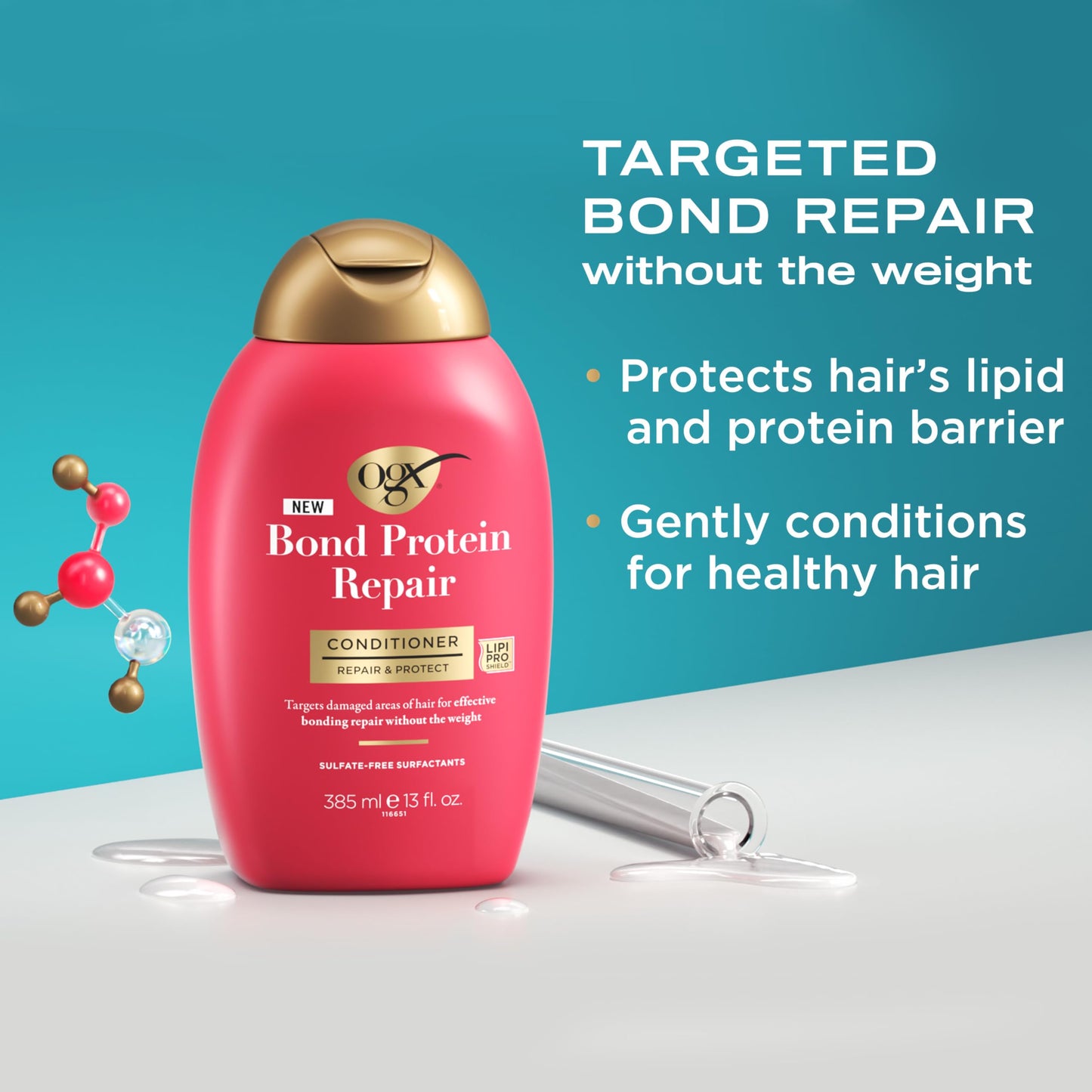 OGX Repair + Protect Bond Protein Repair Shampoo and Conditioner Set, targets damaged areas for bond protection, sulfate-free, hydrating care for color-treated, dry hair, 13 fl oz each (Pack of 2)